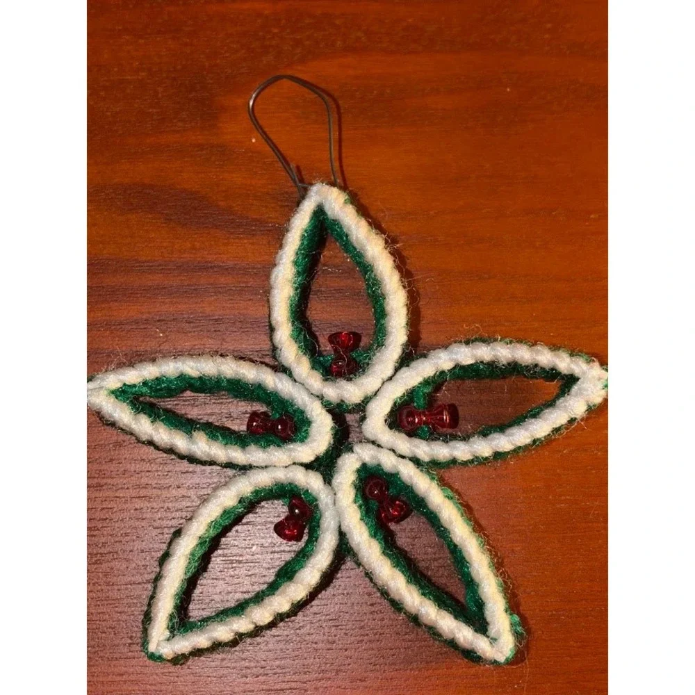 Handmade Beaded Poinsettia Brooch Green White Red Holiday Christmas Pin